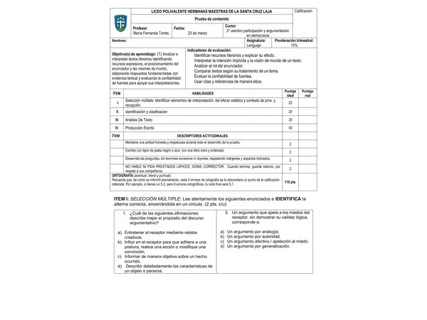 Prueba Texto Argumentativo 3° Medio | Evaluación Completa + Producción Escrita + Pauta