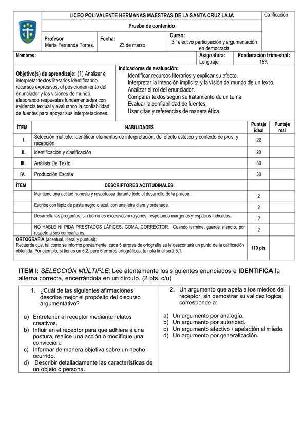 Prueba Texto Argumentativo 3° Medio | Evaluación Completa + Producción Escrita + Pauta