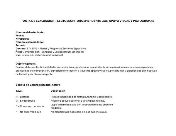 pauta de evaluación semestral – Lectoescritura emergente