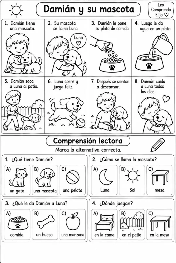 Comprensión lectora "Damián y su mascota""para primeros lectores con pictogramas 
