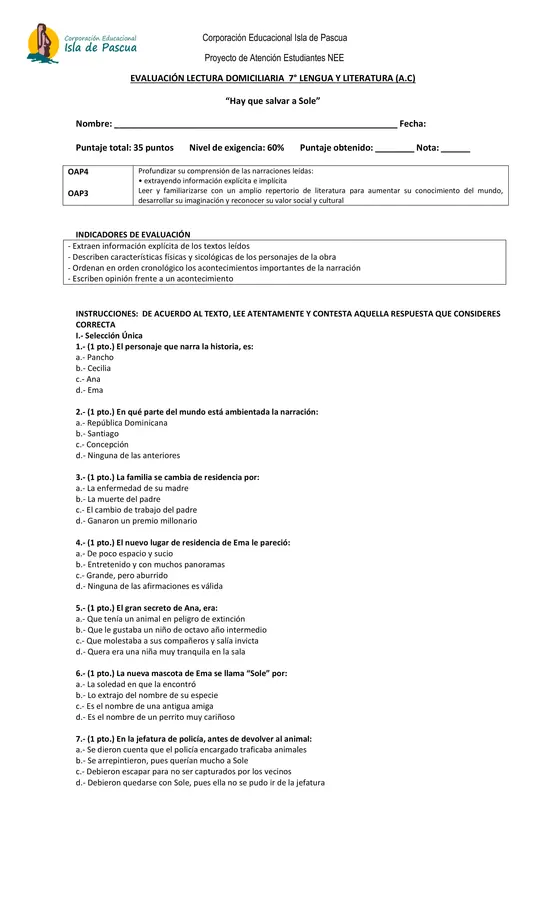 EVALUACIÓN LECTURA DOMICILIARIA 7° LENGUA Y LITERATURA (A.C) “Hay que salvar a Sole”