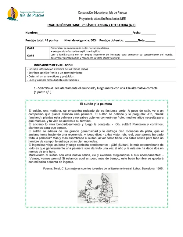 EVALUACIÓN SOLEMNE   7° BÁSICO LENGUA Y LITERATURA (A.C)