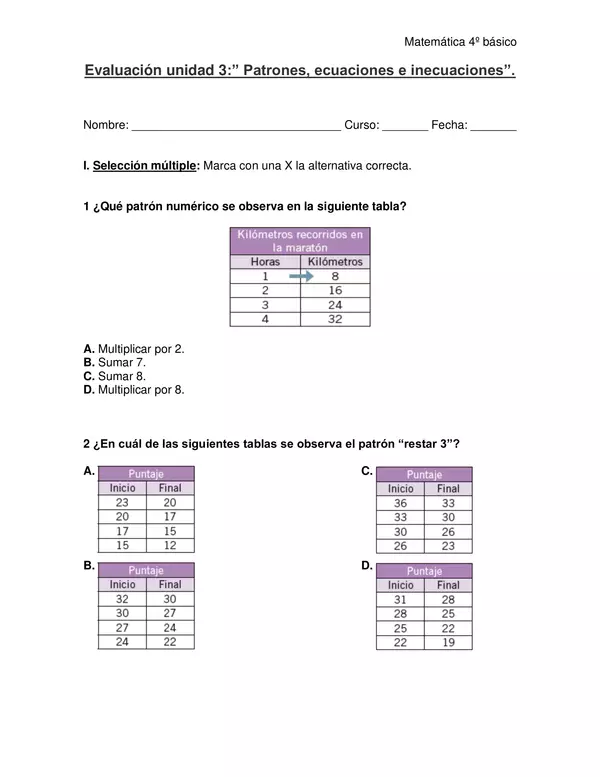 Evaluación matemática 4°año "Patrones, ecuaciones e inecuaciones"