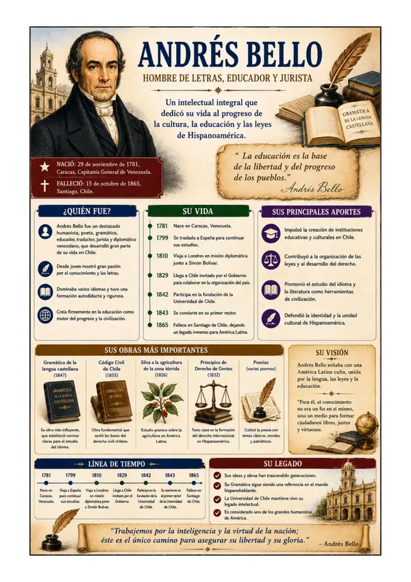 Andrés Bello | Educador, Jurista y Humanista | Póster Educativo de Historia