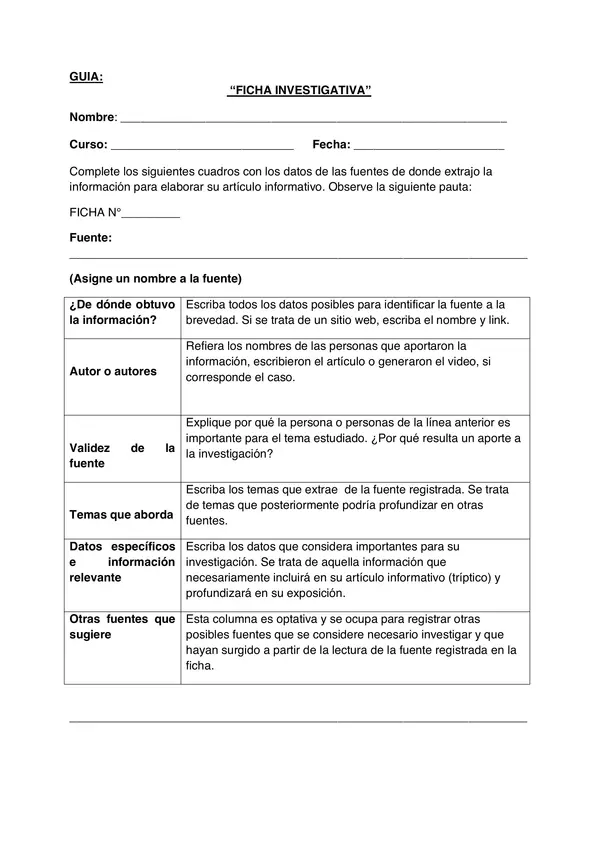 GUIA FICHA INVESTIGATIVA, QUINTO BASICO, LENGUAJE