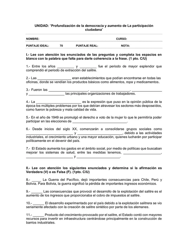 Evaluacion de Historia y Geografia 6 Basico: la profundizacion de la democracia