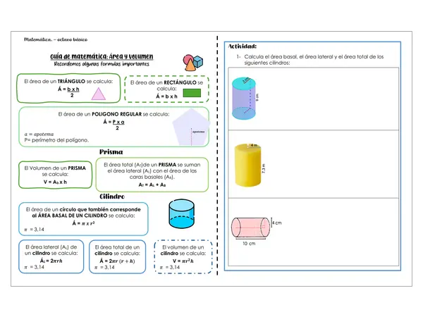 Guia de área y volumen de prismas y cilindros. 