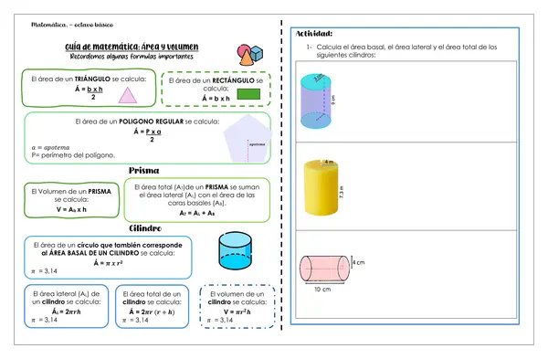 Guia de área y volumen de prismas y cilindros. 