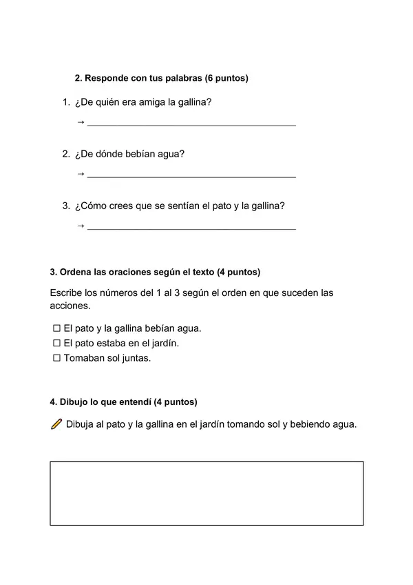 Comprensión de lectura 1° básico ." El pato y la gallina"