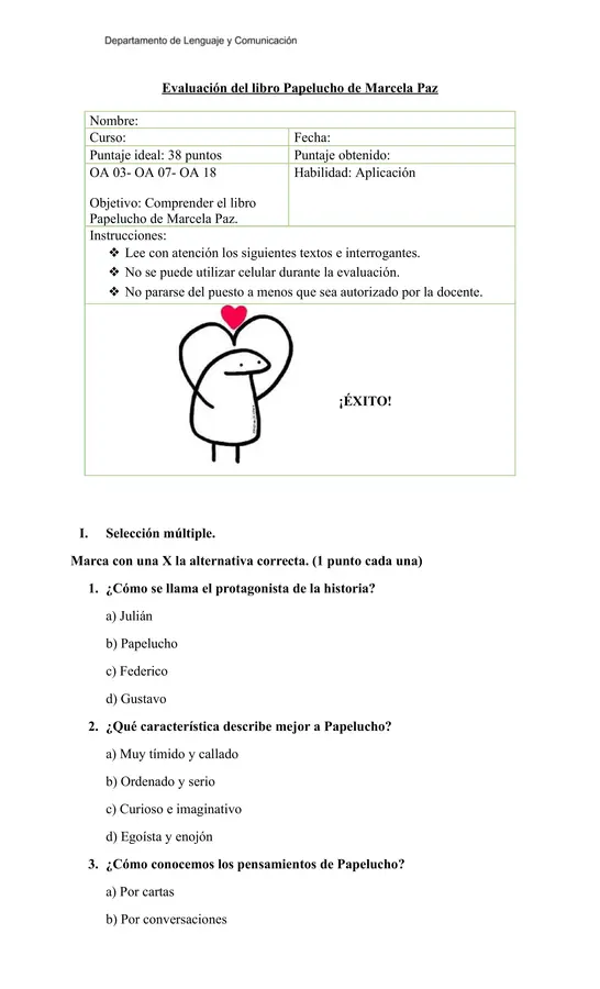 📚 Prueba de Lectura Domiciliaria “Papelucho” | 38 puntos + Pauta de Corrección