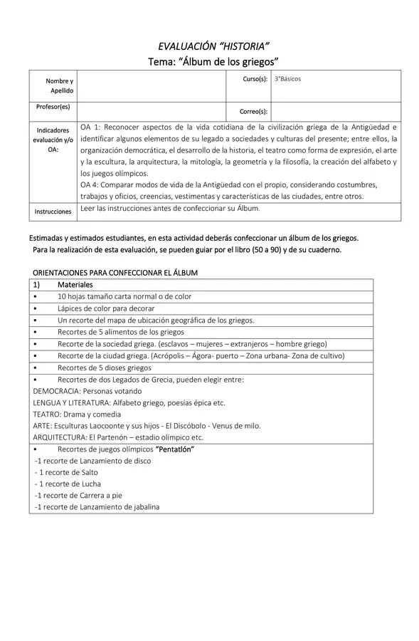 Proyecto Evaluativo 🎨 : Álbum de Grecia 📖 – Ideal para Tercero Básico
