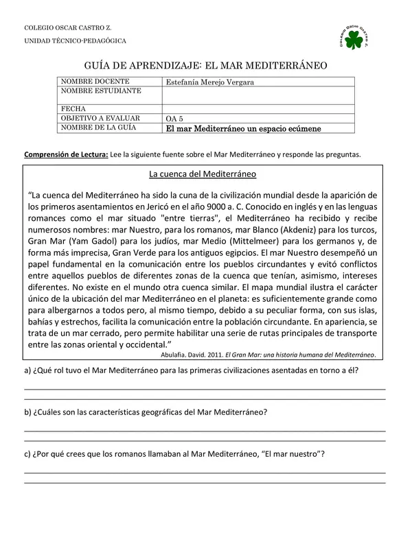 Lectura del Mar Mediterráneo - 7mo básico