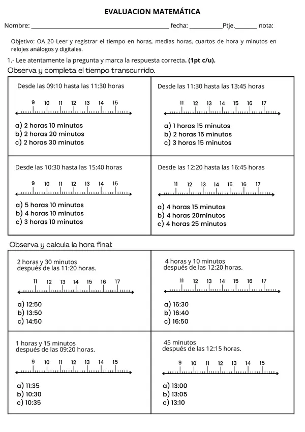 Prueba Matemática: El Tiempo - Leer y Calcular Horas y Minutos 