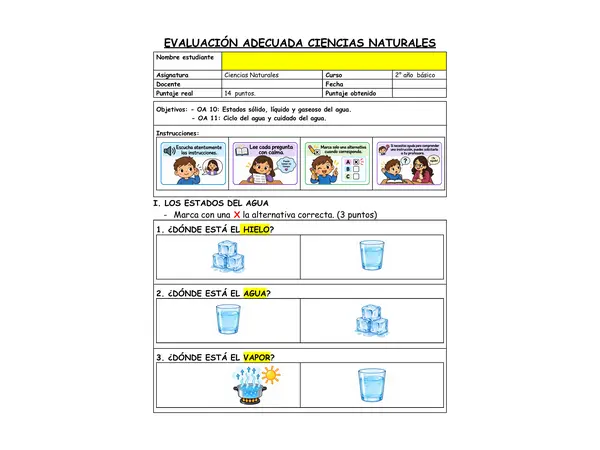 Evaluación Adecuada Ciencias Naturales 2° Básico | Estados y Ciclo del Agua