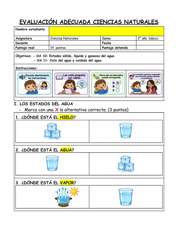 Evaluación Adecuada Ciencias Naturales 2° Básico | Estados y Ciclo del Agua