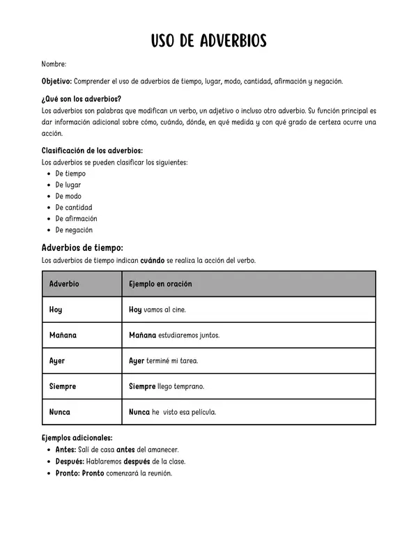 Guía de adverbios de tiempo, lugar, modo, cantidad, afirmación y negación