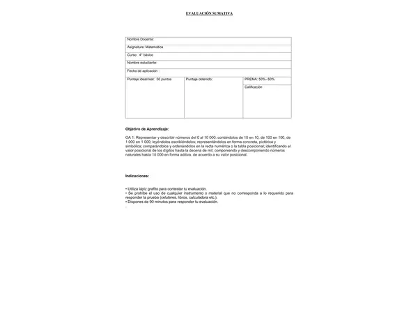 Prueba Matemática 4 básico números hasta 10.000