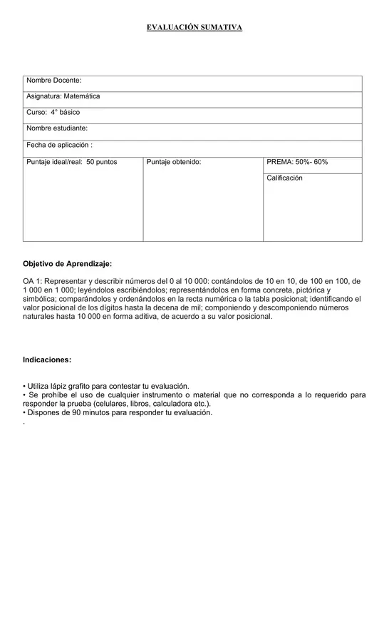 Prueba Matemática 4 básico números hasta 10.000