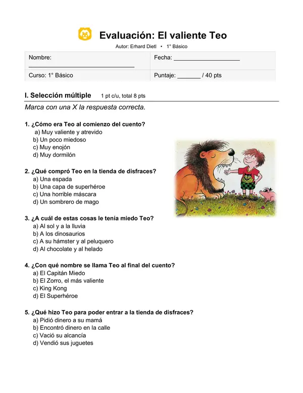 Prueba de Comprensión Lectora — El valiente Teo | 1°/2° Básico