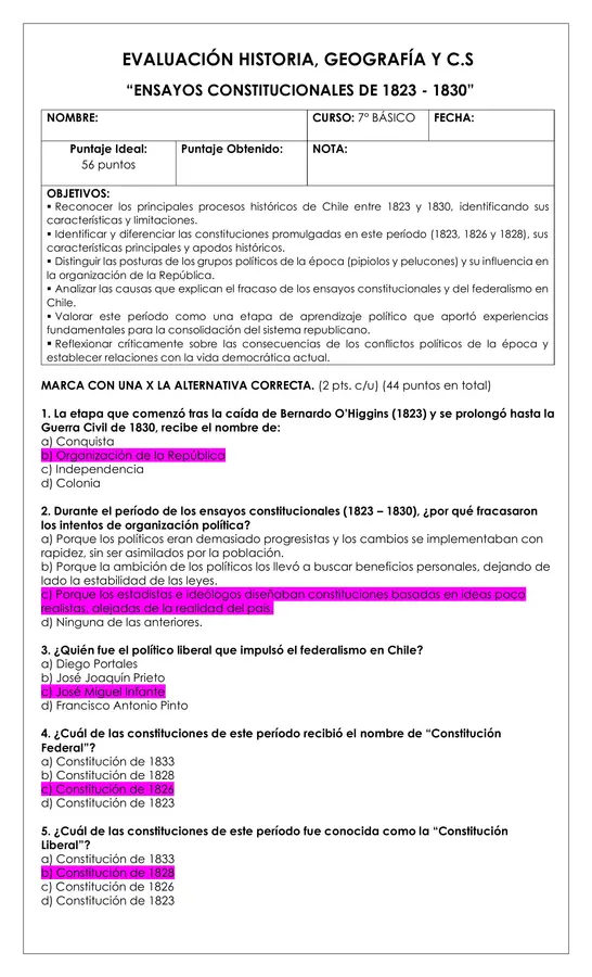 Prueba Historia 7°- Ensayos constitucionales 1823 - 1830