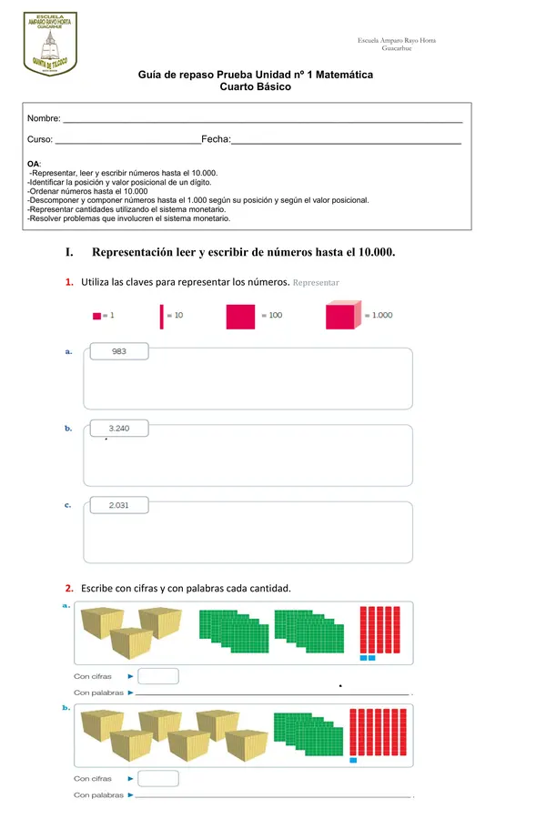 Guía de repaso Unidad n°1 "Números hasta el 10000"