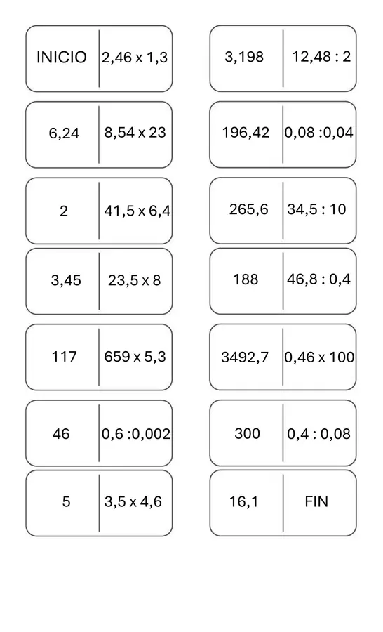 Dómino multiplicación y división con números decimales
