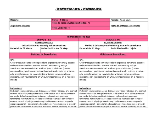 Planificación Anual Artes Visuales 4° básico 2026