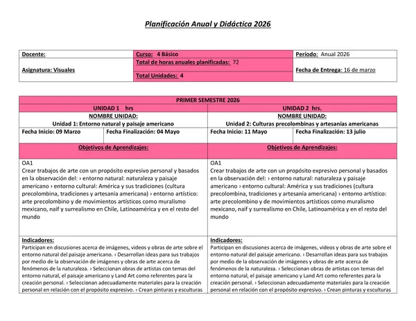 Planificación Anual Artes Visuales 4° básico 2026