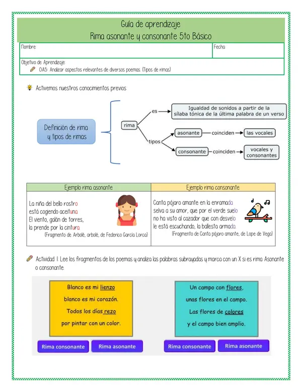 Guía de Aprendizaje: Rima Asonante y Consonante | profe.social