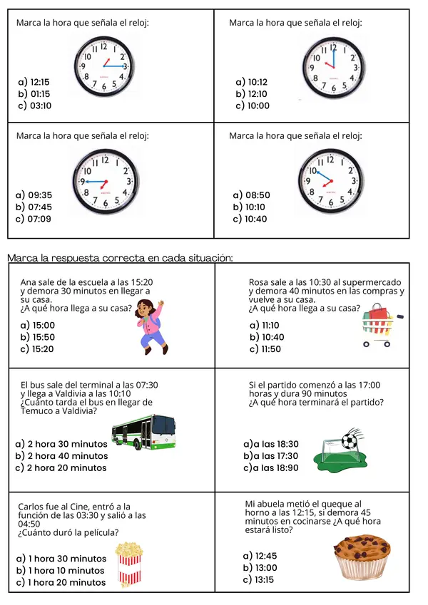 Prueba Matemática: El Tiempo - Leer y Calcular Horas y Minutos 