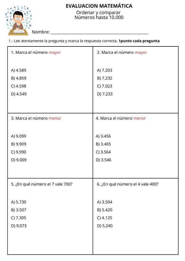 Prueba, ordenar y comparar números hasta 10.000