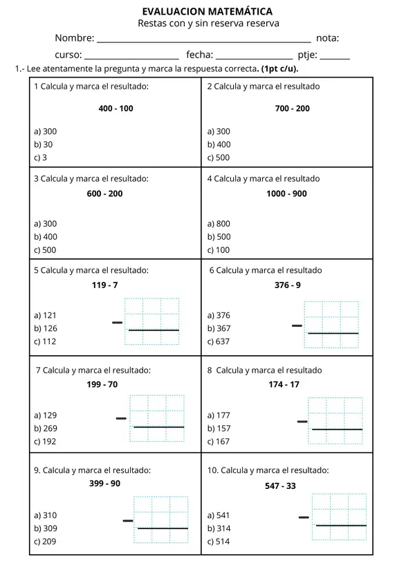 Evaluación proceso, restas y patrones numéricos | Matemática