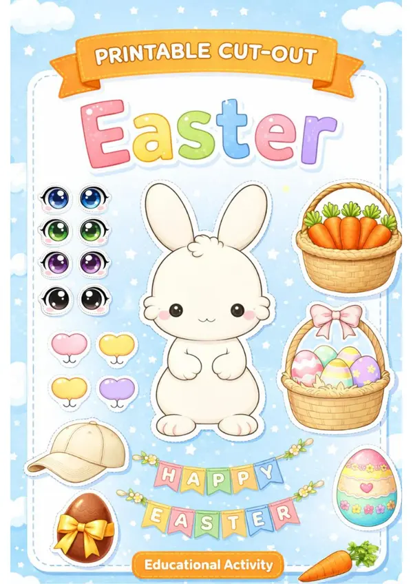 “Printable de Pascua: Conejito Recortable y Actividades Educativas”