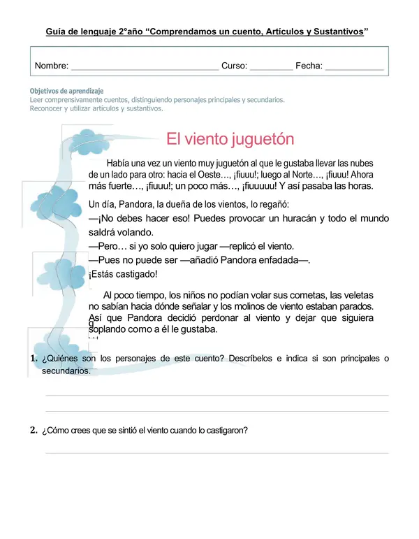 Guía de lenguaje 2°año "Cuento, artículos y Sustantivos"