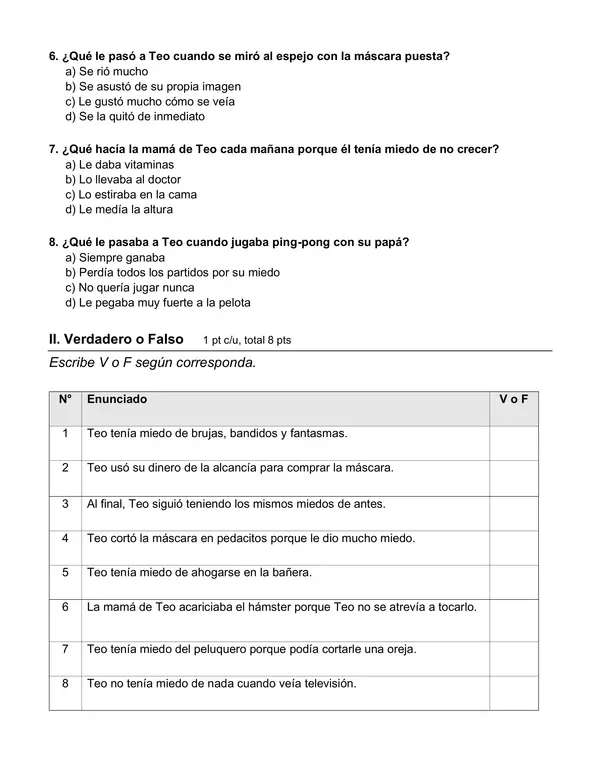 Prueba de Comprensión Lectora — El valiente Teo | 1°/2° Básico