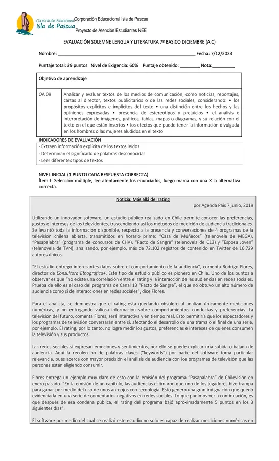 Evaluación de lenguaje y comunicación 