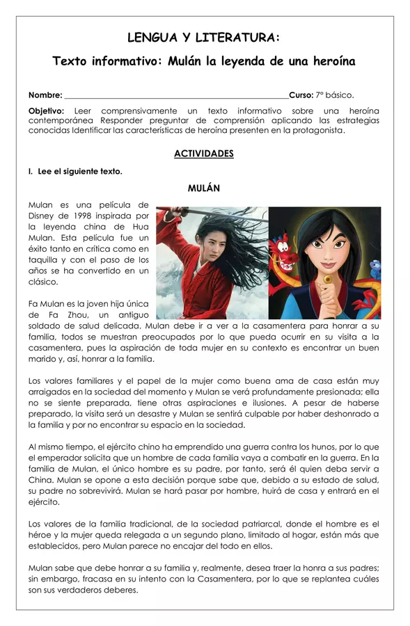 Guía de trabajo - Texto informativo Mulán - 7° básico (Lengua y literatura)