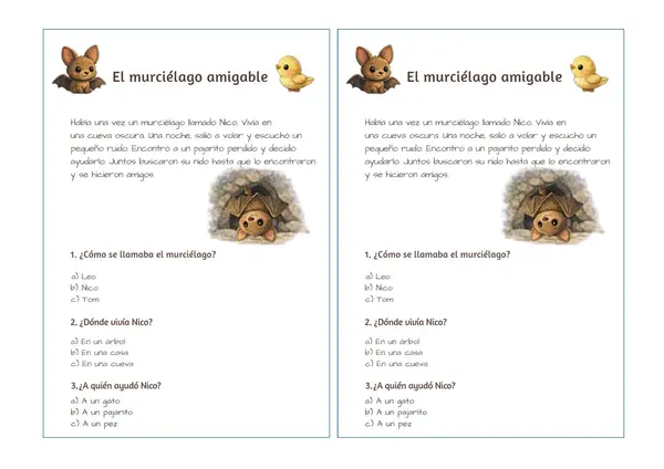Comprensión de lectura corta para pegar en el cuaderno "El murcielago amigable""