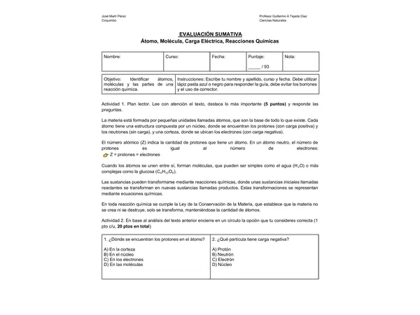 Evaluación Sumativa: Átomo, Moléculas y Reacciones Químicas | Química | 1° Medio