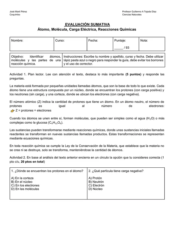 Evaluación Sumativa: Átomo, Moléculas y Reacciones Químicas | Química | 1° Medio