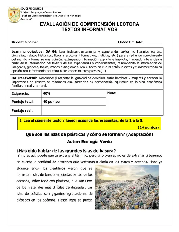 Evaluación de textos informativos 6to básico