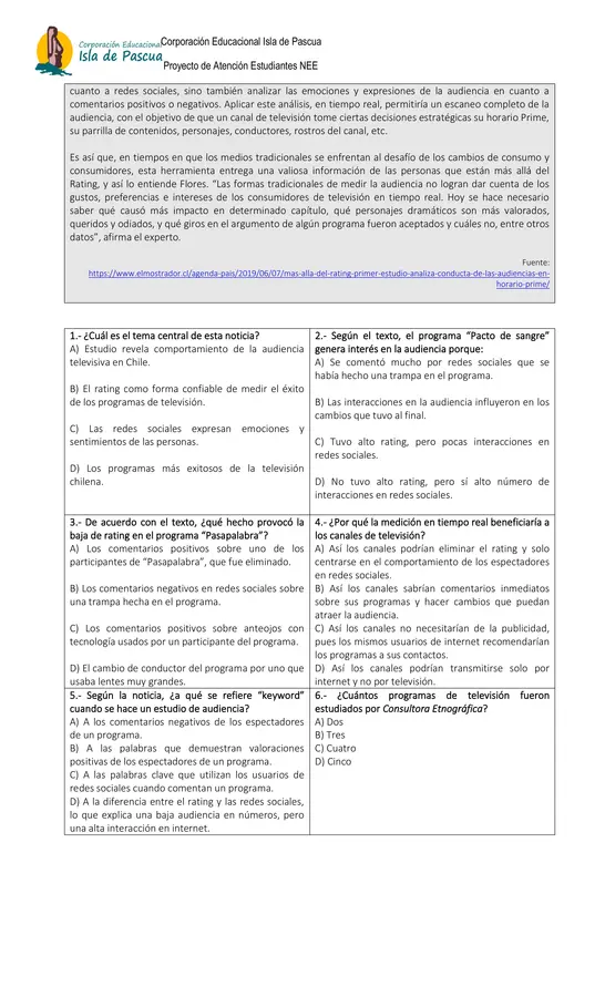 Evaluación de lenguaje y comunicación 