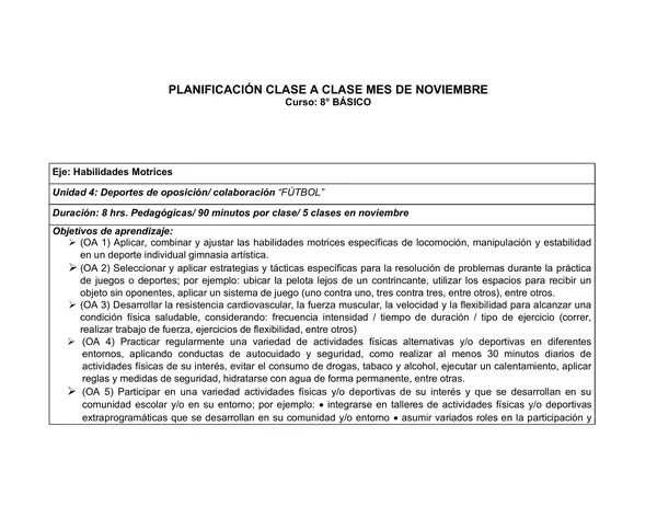 Planificación Clase a Clase: Noviembre | Educación Física y Salud 8° Básico