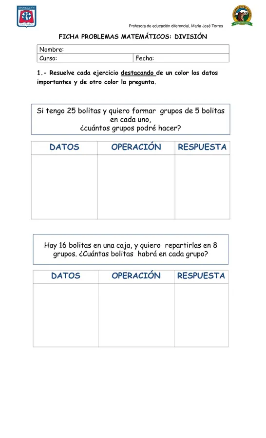 Ficha problemas matemáticos: la división. 