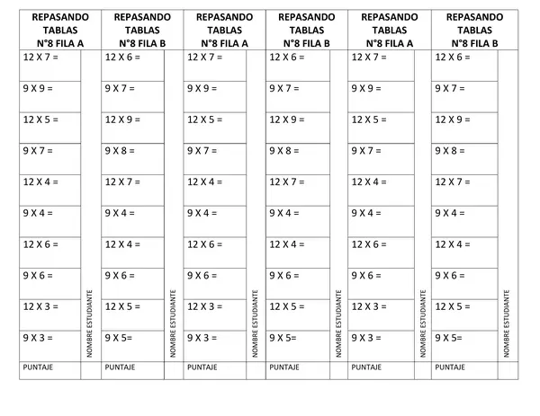 tablas de multiplicar 9 y 12