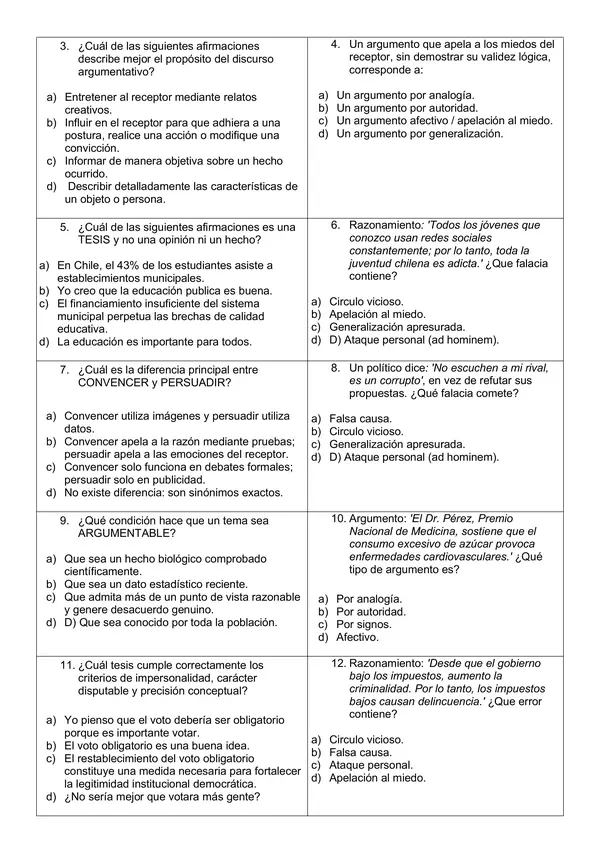 Prueba Texto Argumentativo 3° Medio | Evaluación Completa + Producción Escrita + Pauta