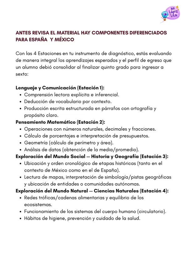 Evaluación Diagnóstica Inicial de 6.° Grado (Incluye versión México y España)