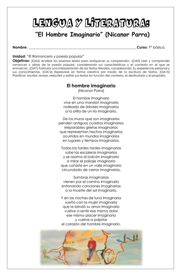 Guía de trabajo - "El hombre imaginario" (Nicanor Parra) - 7° básico (Lengua y literatura)