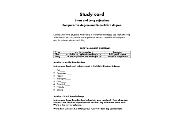 Studycard | Comparative & Superlative adjectives | Adjetivos comparativos y superlativos en ingles