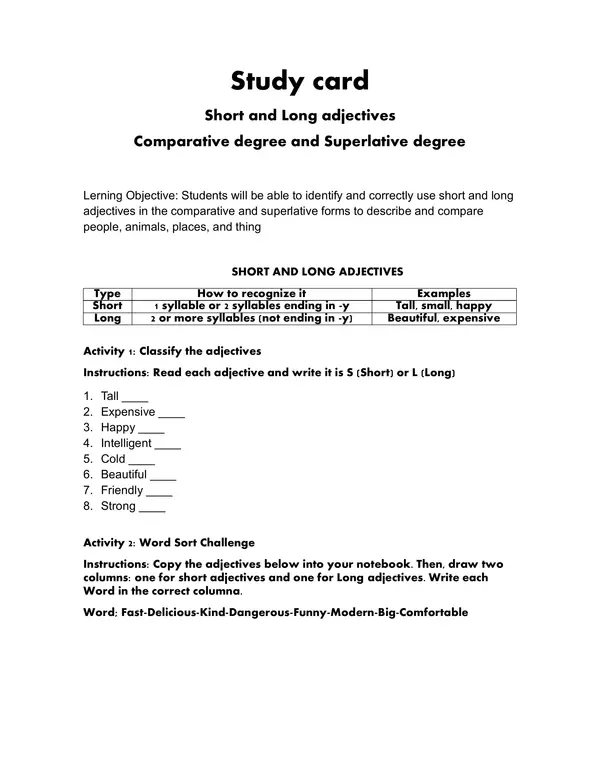 Studycard | Comparative & Superlative adjectives | Adjetivos comparativos y superlativos en ingles